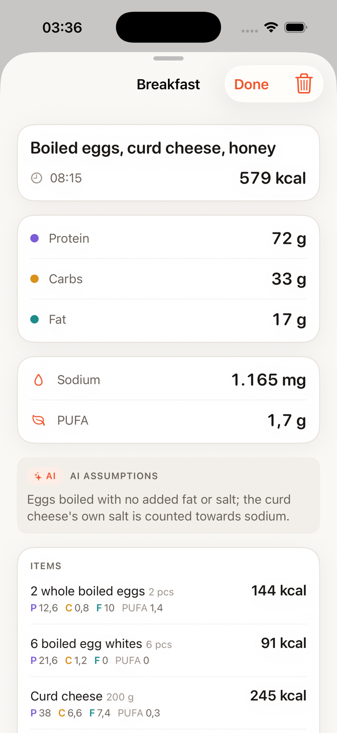 Nutrova meal detail with calories, macros, ingredients, and AI assumptions