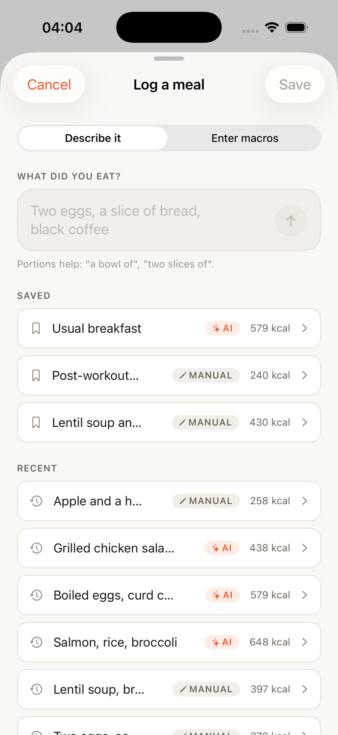 Nutrova meal logging screen