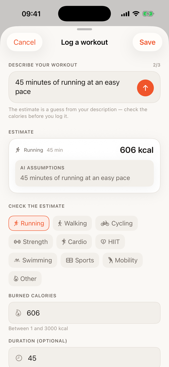 Nutrova workout estimate screen